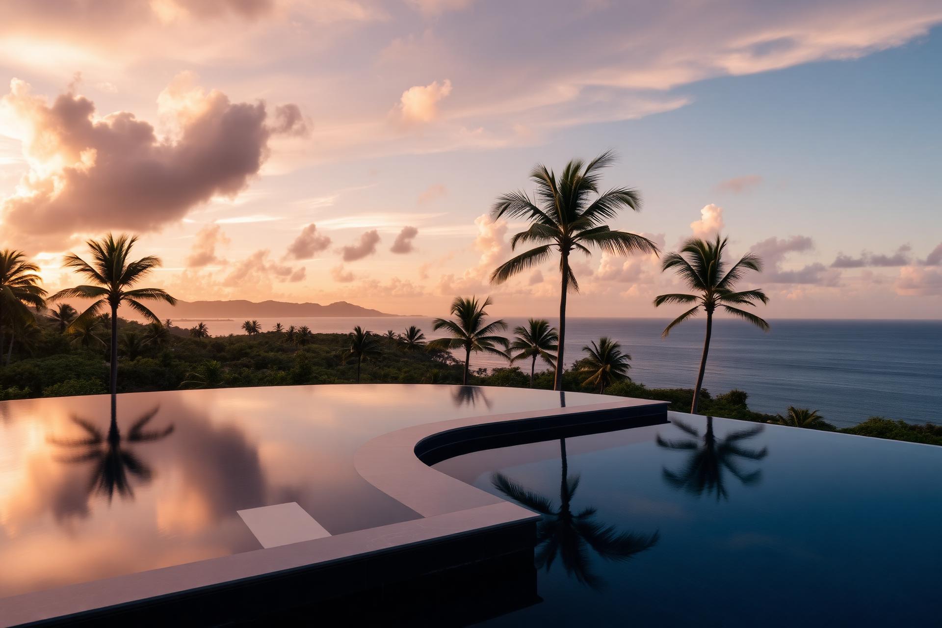 Luxury villa with infinity pool at sunset